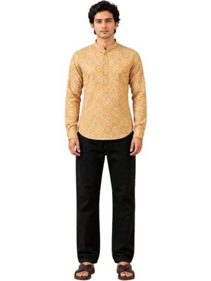 Men's Mustard Linen Printed Short Kurta for Casual Wear | Comfortable Ethnic Traditional Kurta | Daily Use, Office Wear, Summer Wear, Festive, Regular & Weekend Wear-image-9