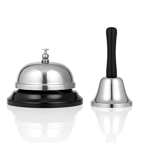 eMKay® Stainless Steel Hand Bell & Desk Service Bell Set – 2-Pcs Bundle for Reception, Elderly Care, Events & Games Loud Call Bell & Table Ring Bell with Non-Slip Base Ideal for Home, Office & Hotels