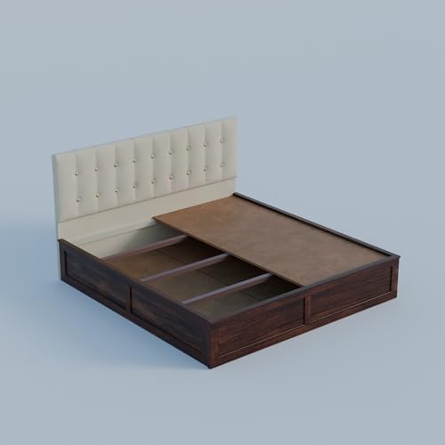 Image of Sheesham Wood Queen Size Bed with Storage Box | Upholstered Beds | Platform Cot with Cushioned Headboard | Double Bed for Home | Recommended Mattress 78x60 Inch | Cream & Walnut Finish