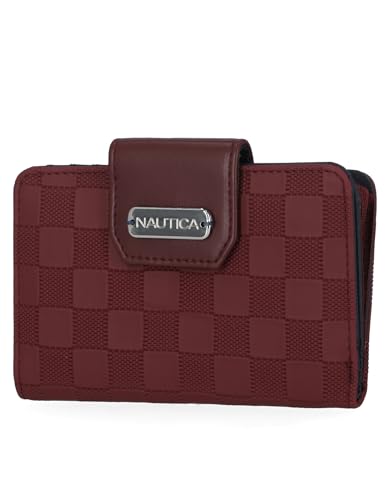 Image of Nautica Womens, Close Reach Vegan Leather RFID Wallet, Small Credit Card Holder Purse with Zipper Coin Pocket and ID Window in Wine Check