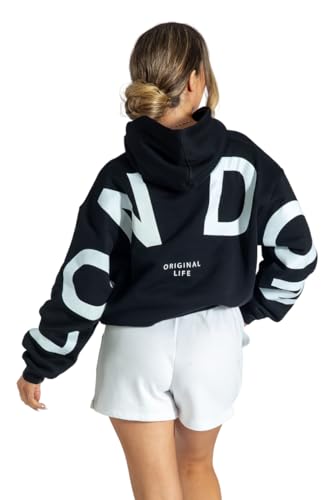 Lang Horn London Hoodies for Women UK Oversized Sweatshirts Letter Print Pullover Hoodie Women With Pocket and Drawstring XXL Black