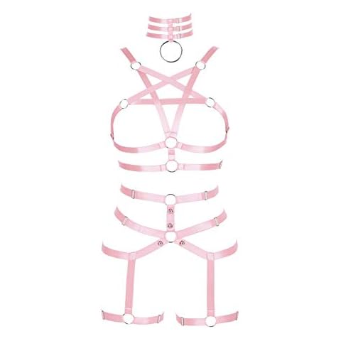 Women's Punk Cut Out Harness Body Full Strappy Lingerie Waist Garter Belts Set Elasticity Bralette Goth EDC Halloween Club Party Dance Rave Wear (pink) Cover