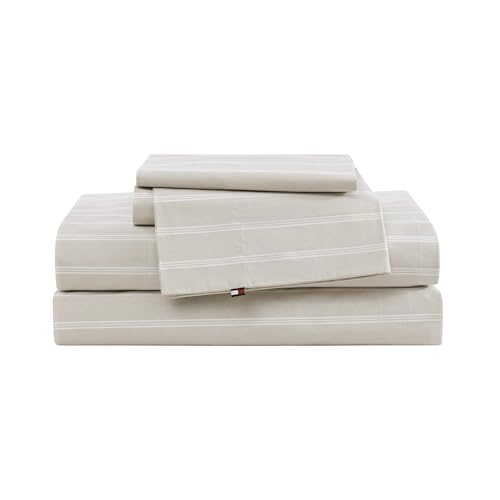 Image of Tommy Hilfiger - Queen Bed Sheets, Crisp & Cool Cotton Percale Bedding with Matching Pillowcases, Lightweight Bed Set, Oeko-Tex Certified (Effortless Stripe Beige)