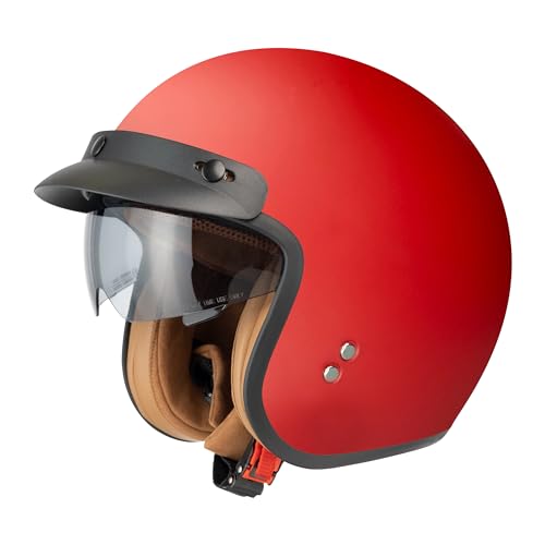 Jethelm mit Visier by BS Way: Hochwertiger Motorradhelm, ECE-Zertifiziert für Herren und Damen - Ideal für Roller, Moped, Mofa und Scooter - Retro Helm Design, Halbschalenhelm Rubin Rot