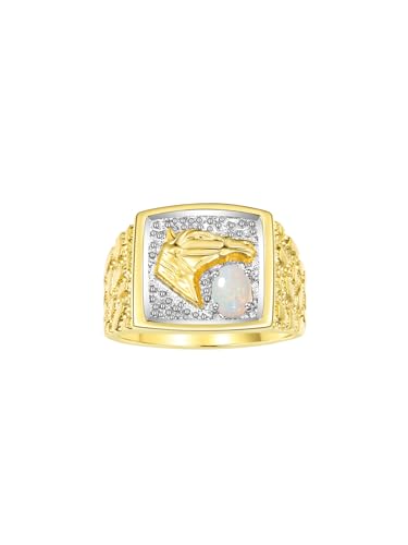 Image of Rylos Men's Yellow Gold-Plated Sterling Silver Lucky Nugget Horse Head Ring with 6X4MM Gemstone and Diamonds - Birthstone Elegance for Men, Sizes 8-13 Available