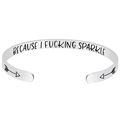 Fesciory Inspirational Bracelets for Women,Stainless Steel Engraved Personalized Positive Mantra Quote Keep Going Cuff Bangle College Graduation for Her (I Fcking Sparkle)