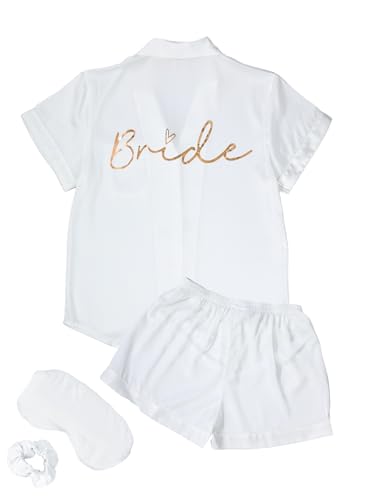 Image of MI X TEE 4Pcs Bride Pajama Summer Silk Pajamas for Team Bride Short Sleeve Shorts PJS Matching Pajamas with Bridesmaid