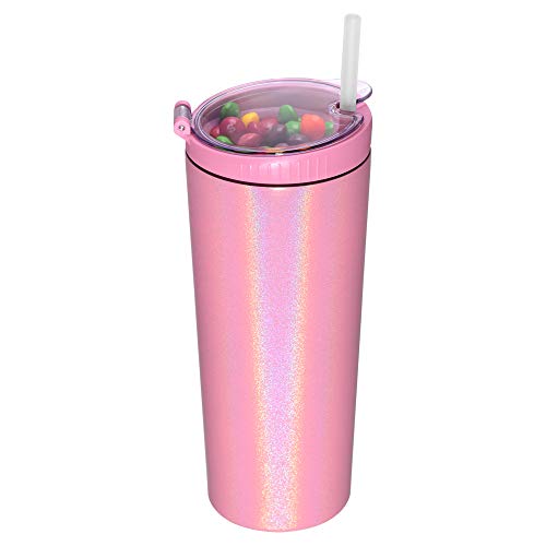 JIVILILM Snack tumbler with lid and straw stainless steel insulated 2-in-1 travel coffee mug cup water bottle 22OZ Tumbler Glitter Blush
