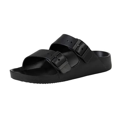 Amyneo Unisex Slides Sandals Men's Women's Adjustable Double Buckle Lightweight EVA Comfort Footbed Flat Slip on Sandal with Arch Support 10 Black