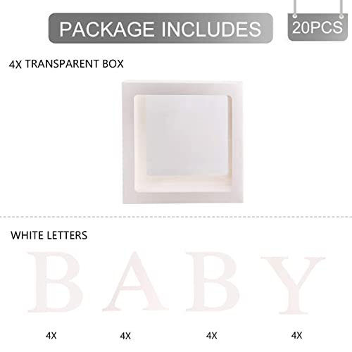 Baby Shower Decorations Balloon Boxes, 4Pcs White Transparent Baby Blocks Boxes with 4 Set of BABY Letters for Girl Boy Birthday Party Decorations