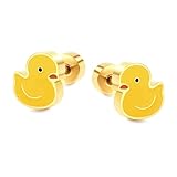 Cute 20g Duck Yellow Enamel Screw Flat Back Small Stud Earrings for Women Stainless Steel Cartoon Animal...