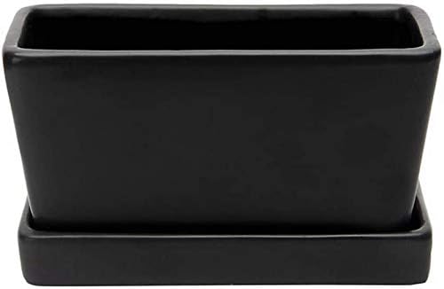 Julie Rectanglular Ceramic Planter Pot with Drainage Hole and Tray for Home Plants, Succulents, Flowers and Herbs, Black