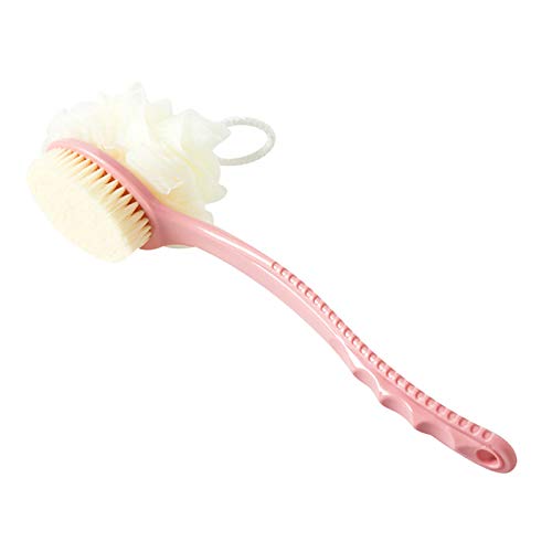 Houkiper Body Shower Back Scrubber, Bristles and Loofah Sponge Back Bath Scrubber Mesh Sponge Curved Long Handle for Skin Exfoliating Bath Massage Suitable for Wet or dry, Men and Women