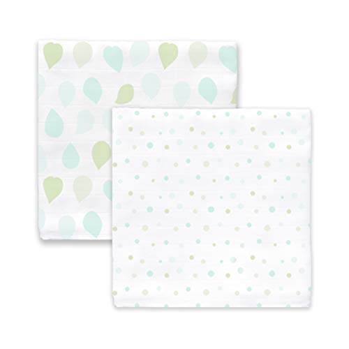 Image of Amazing Baby Silky Swaddle Muslin Blankets, Set of 2, Bamboo Viscose, Leaves and Dots, SeaCrystal