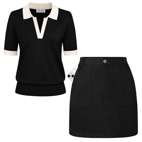 Kate Kasin Women Short Sleeve Polo Sweater and Women's Casual Seude Mini Skirt (Medium)