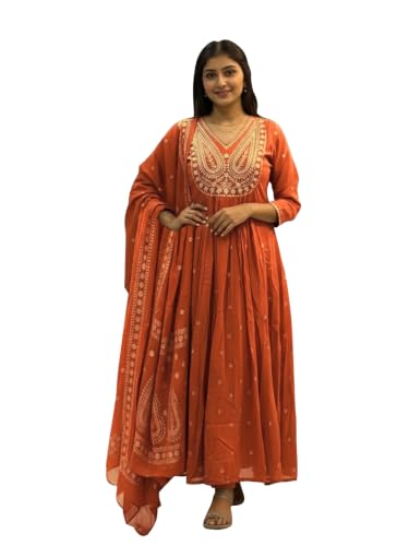 Image of ANNI Designer Women's Rayon Viscose Printed Embroidered Anarkali Kurta with Pant & Dupatta | Ethnic Kurti Set with Embroidery | Soft Comfortable Fabric | Stylish Outfit for Festive, Office