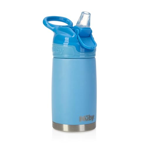 Nuby - Thirsty Kids - Botella Acero Inoxidable Flip-It Reflex para viajes - Vaso Antiderrame Bebe Con Cierre Seguro Y Diseño Térmico - Botella De Viaje Para Niños 10 Onzas - Vaso Bebe Color Azul
