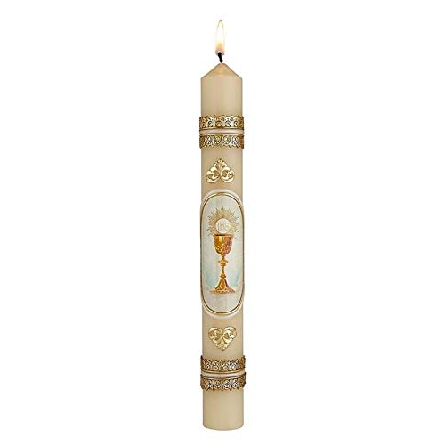 Needzo First Holy Communion Hand Decorated Taper Candle with Chalice and Host Design, Catholic Gifts for Girls and Boys, Tall Candles, Cirio para Primera Comunion, 9-3/4