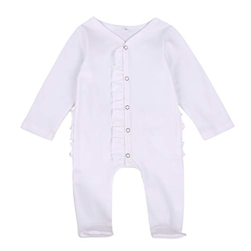 Mubineo Newborn Baby Girls Boys Solid Color Ruffle Sleep N Play Cotton Footie (White, 0-3 Months)