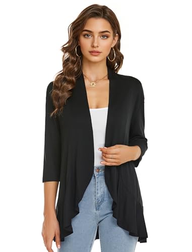 Image of YnimioAOX Women's Cardigan Lightweight Open Front 3 /4 Sleeves Draped Ruffles Knit Cardigan Sweaters