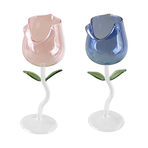 BONJUME Copas De Vino Tinto, 2PCS 280ml Copas De Vino Con Forma De Rosa Copa De Champán Rosa Y Azul Copas Flautas Para Regalos Cenas En Casa Bodas Reuniones Familiares