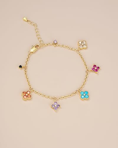 Gold Colorful CZ Gemstone Floral Statement FULLY ADJUSTABLE Dangle Charms Tennis Bracelet for Women by SNGIA, Stackable Handmade Trendy Multicolor Flower Crystal Jewelry Gifts, Beachy Summer Beaded Healing Protection Vacation Fashion Bracelet Accessories, Vintage Link Bohemian Nickle Free Station Bangle.3