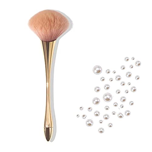 Acrylic Nail Brush Set, Practical Kit for Nail Art, Long Handle Nail Dust Brush + 100PCS Mixed Size Flat Pearl, Gold