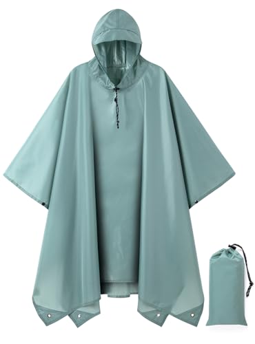 POWINSUN Hooded Rain Poncho for Adult, Waterproof Lightweight Raincoat for Hiking Camping (Light dark green)