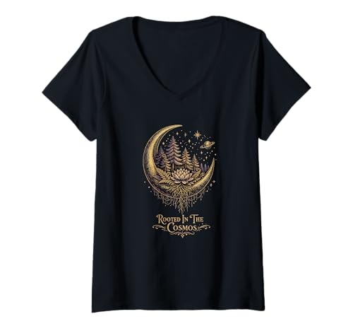 Mujer Arraigado En El Cosmos Luna Bosque Loto Naturaleza Celestial Camiseta Cuello V