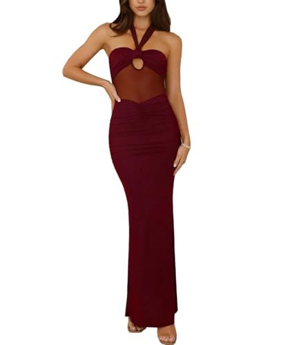 Women's Sexy Halter Backless Maxi Dress Mesh Patchwork Cut Out Sleeveless Bodycon Long Dress Ruched Cocktail Dresses