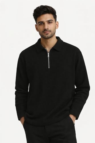 Image of Men's Beige Textured Quarter Zip Polo T-Shirt