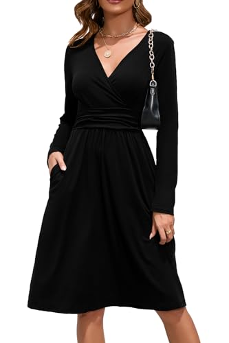 OUGES Damen Frühling Casual Midikleid Langarm V-Ausschnitt Blumenmuster Wickelkleid mit Taschen(Schwarz,M)
