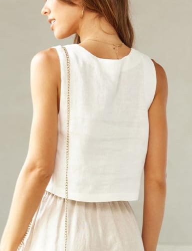 IDEALSANXUN Linen Crop Tank Tops for Women Summer Square Neck Sleeveless Casual Loose Cute Cotton Linen Tops3