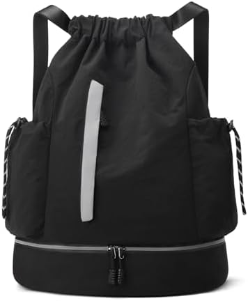 Drawstring Backpack for Men Women Water-Resistant Gym Bag with Shoe Compartment Lightweight String Sport Sackpack for Basketball Soccer Swimming and Travel, Black