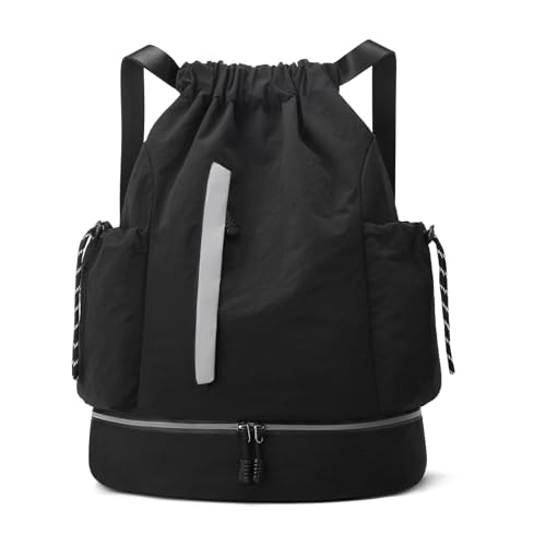 Drawstring Backpack for Men Women Water-Resistant Gym Bag with Shoe Compartment Lightweight String Sport Sackpack for Basketball Soccer Swimming and Travel, Black