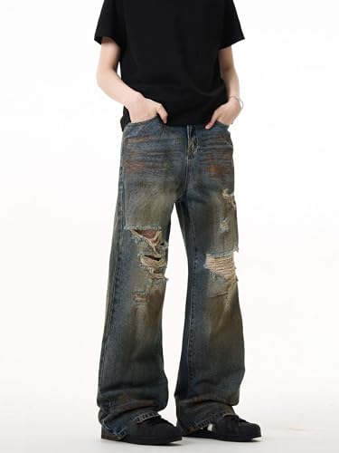 GUOYUXIAO Men's Jeans American-Style Retro Pants Ripped Trouser for Men4