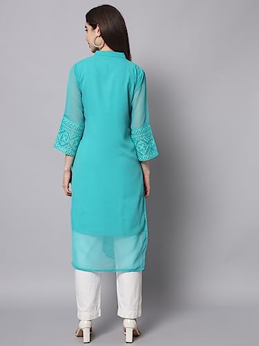Image of Ekasya Women's Georgette Embroidered Work Kurta with Notch Neck 3 /4 Sleeves Straight Cut Calf Length | E1547