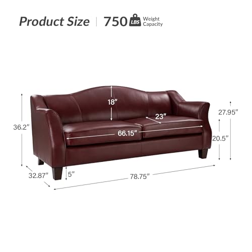 HULALA HOME Burgundy 2-Seat Leather Sofa with High Back and Wood Legs for Living Room and Office