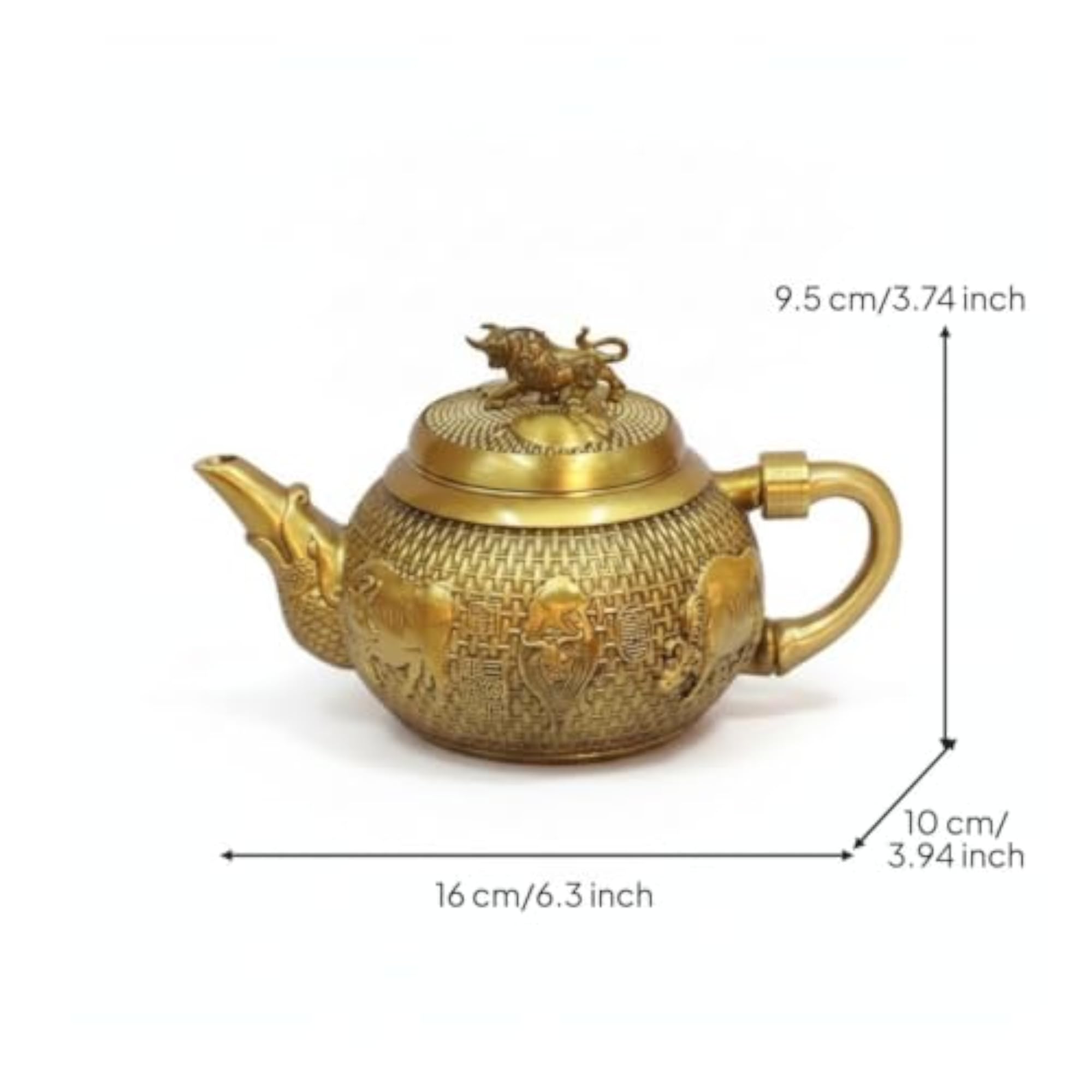 Woven Texture Brass Teapot Ornament, Embossed Gold Design