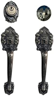 LOCKSET Single Reversal Front Door Hardware Set Luna, Heavy Duty Grip Entry Single Door Lock Set with Grip Handle and deadbolt, Antique Brass