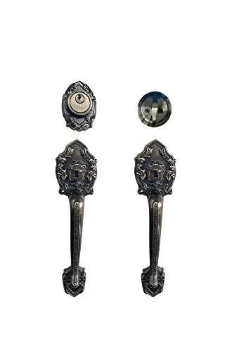 Lockset Single Reversal Front Door Hardware Set Luna, Heavy Duty Grip Entry Single Door Lock Set With Grip Handle And Deadbolt, Antique Brass #TOP19