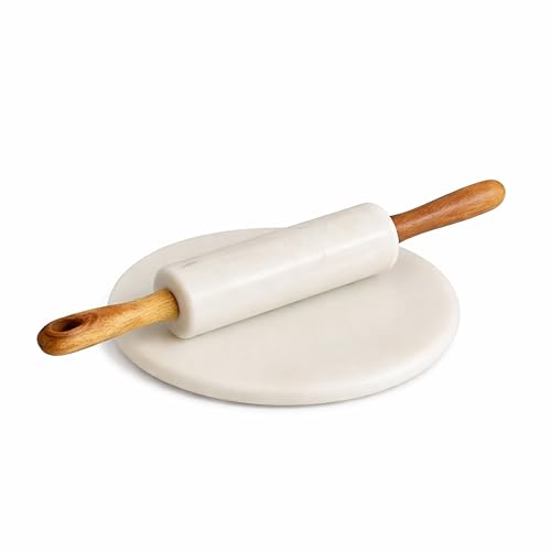 Image of Marble Chakla Belan Set, Non Stick Roti Maker Board with Rolling Pin with Wooden Handle, Durable Kitchen Tool, White, 10 Inch Board and 14 Inch Rolling Pin