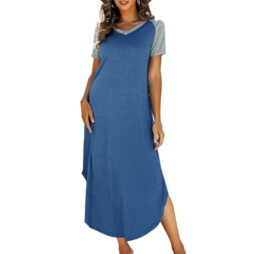 Marvmys Women Short Sleeves Long Nightgown Super Soft Sleepwear Comfy V Neck Cotton Nightshirts with Pocket Auqa Flower Small