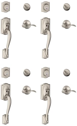 Image of SCHLAGE Lock Company Camelot Single Cylinder Handleset and Left Hand Accent Lever, Satin Nickel (F60 CAM 619 Acc LH) (Pack of 4)