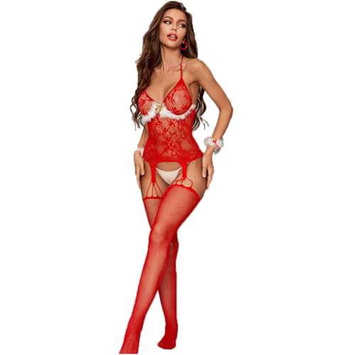V-Ting Nuejahr Valentinstag damen Sexy Dessous Bodystocking weihnachtskostüm Damen erotik Set unterwäsche Netz durchsichtiges Ouvert Bodysuit...