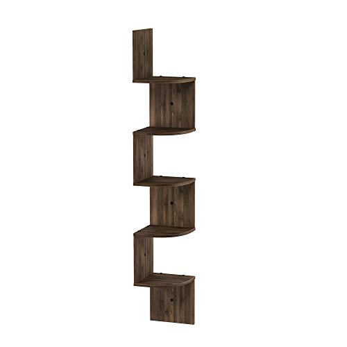 Image of Furinno Rossi Wall Mount Floating Corner Shelf, 5-Tier Radial, Columbia Walnut
