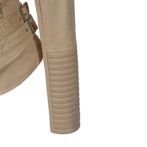 Women Suede Fabric Zippers Spliced Pu Faux Leather Slim Jackets Lady Apricot Biker Coats Black Xxl #TOP4