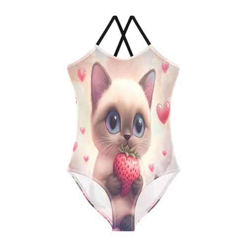 Girl Bathing Suits 3-10 Y Beach Swimwear, Cute Cat Strawberry
