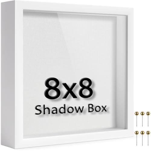 8x8 Shadow Box Frame | Soft Linen Back & Push Pins Included, Polystyrene Glass Memory Display Case for Flowers, Tickets & Cherished 3D Items, White