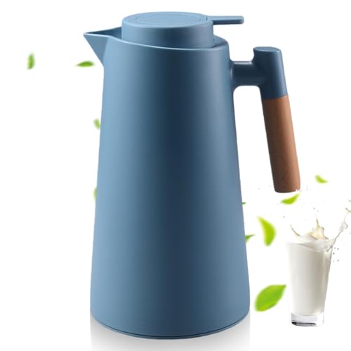 Termo de 1 l, termo con indicador de temperatura, cafetera térmica con mango de madera, tetera térmica, termo con botón de seguridad simple, termo para casa, hotel, oficina, color azul